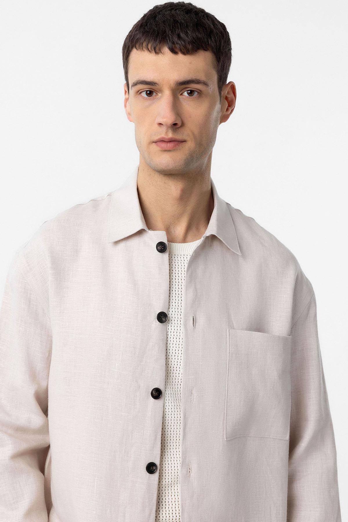 Antioch Ekru 100% Keten Relax Fit Erkek İnce Ceket