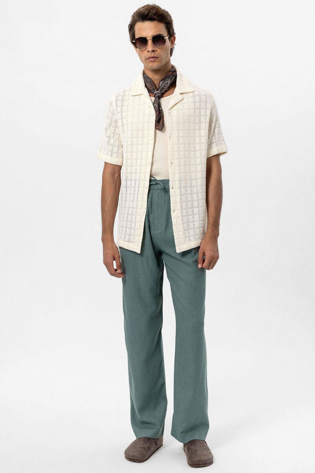 Antioch Ekru Apaş Yaka Kare Örme Erkek Gömlek