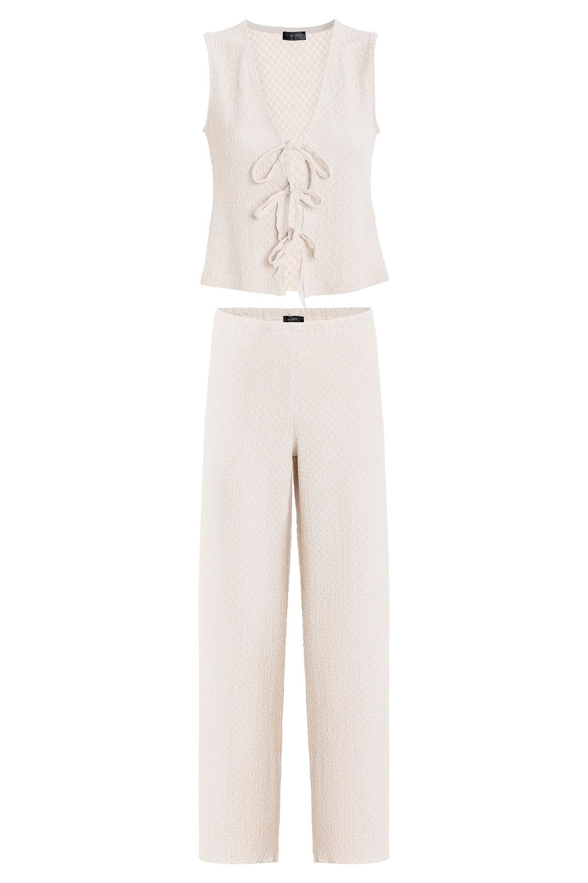 Antioch Ekru Bağ Detaylı Dokulu Kadın Takım