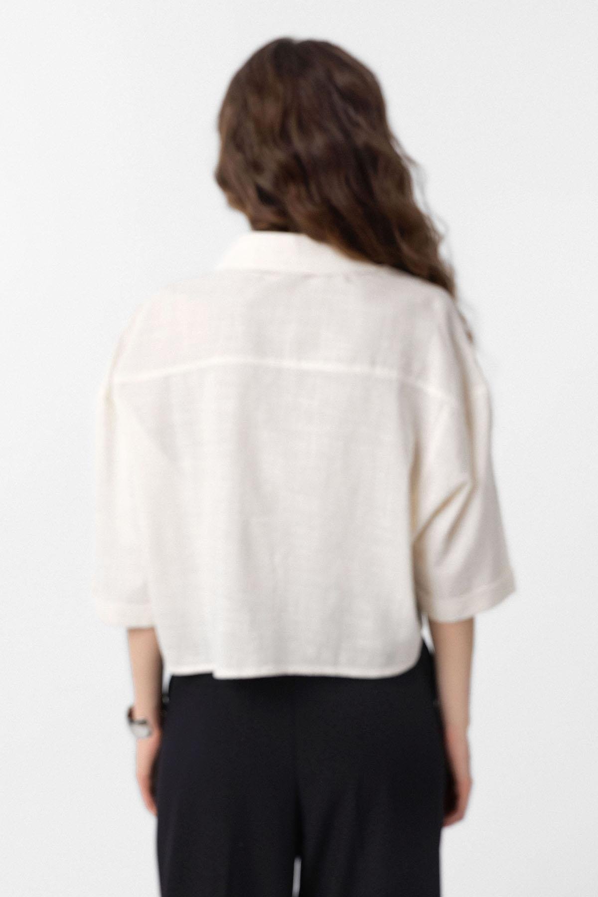 Antioch Ekru Crop Dokulu Kadın Gömlek