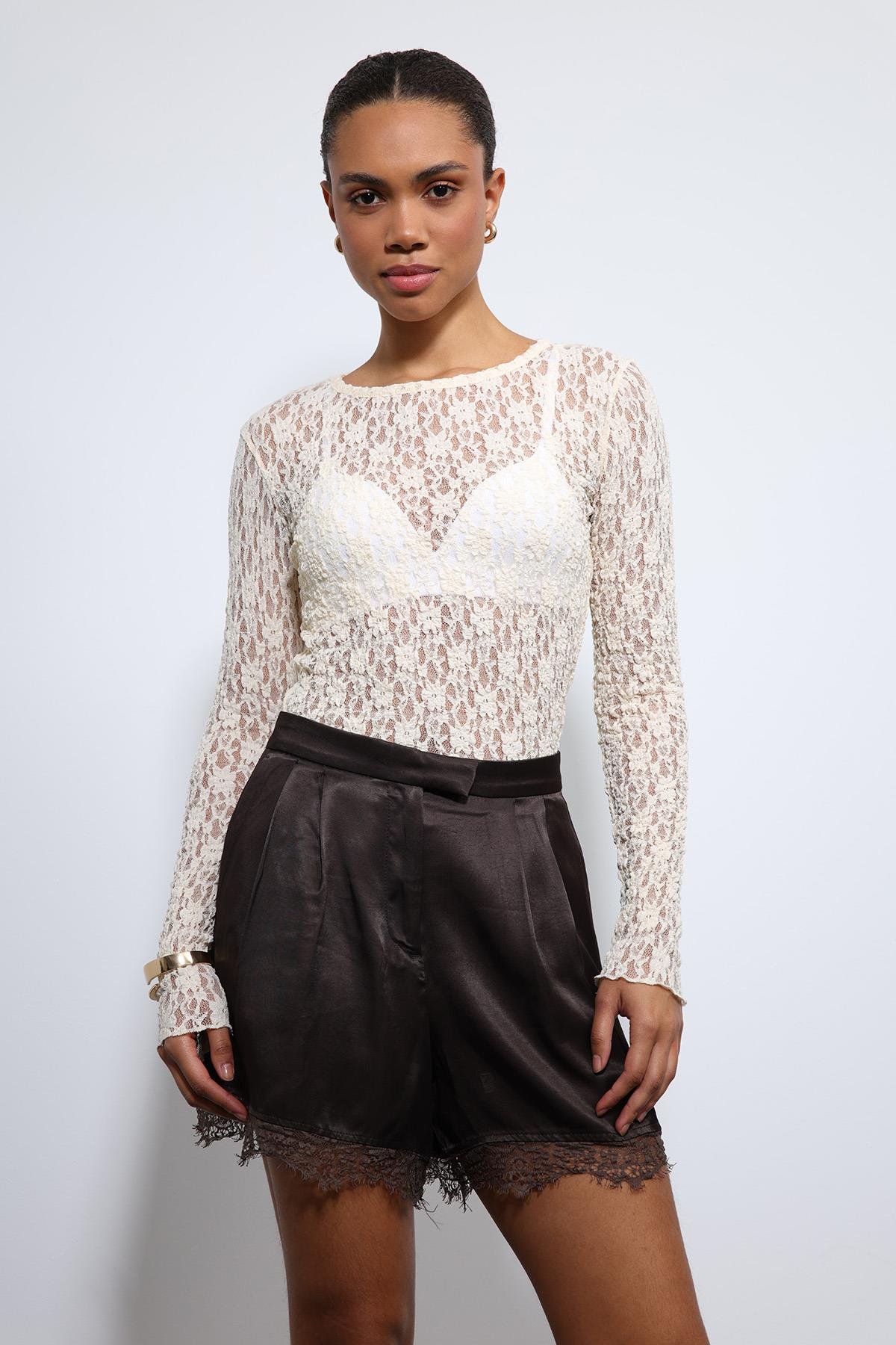 Antioch Ekru Dantel Detaylı Transparan Bluz