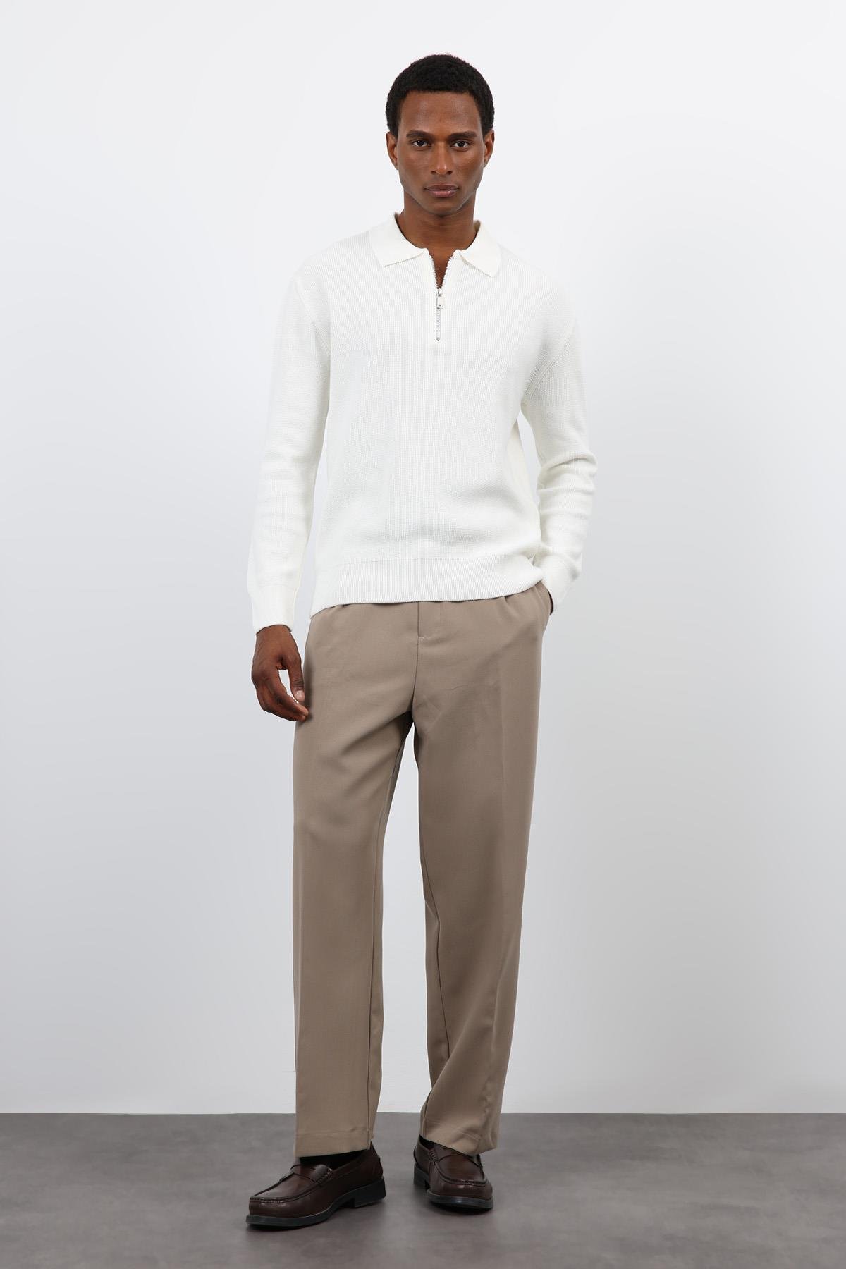 Antioch Ekru Fermuarlı Erkek Triko Kazak