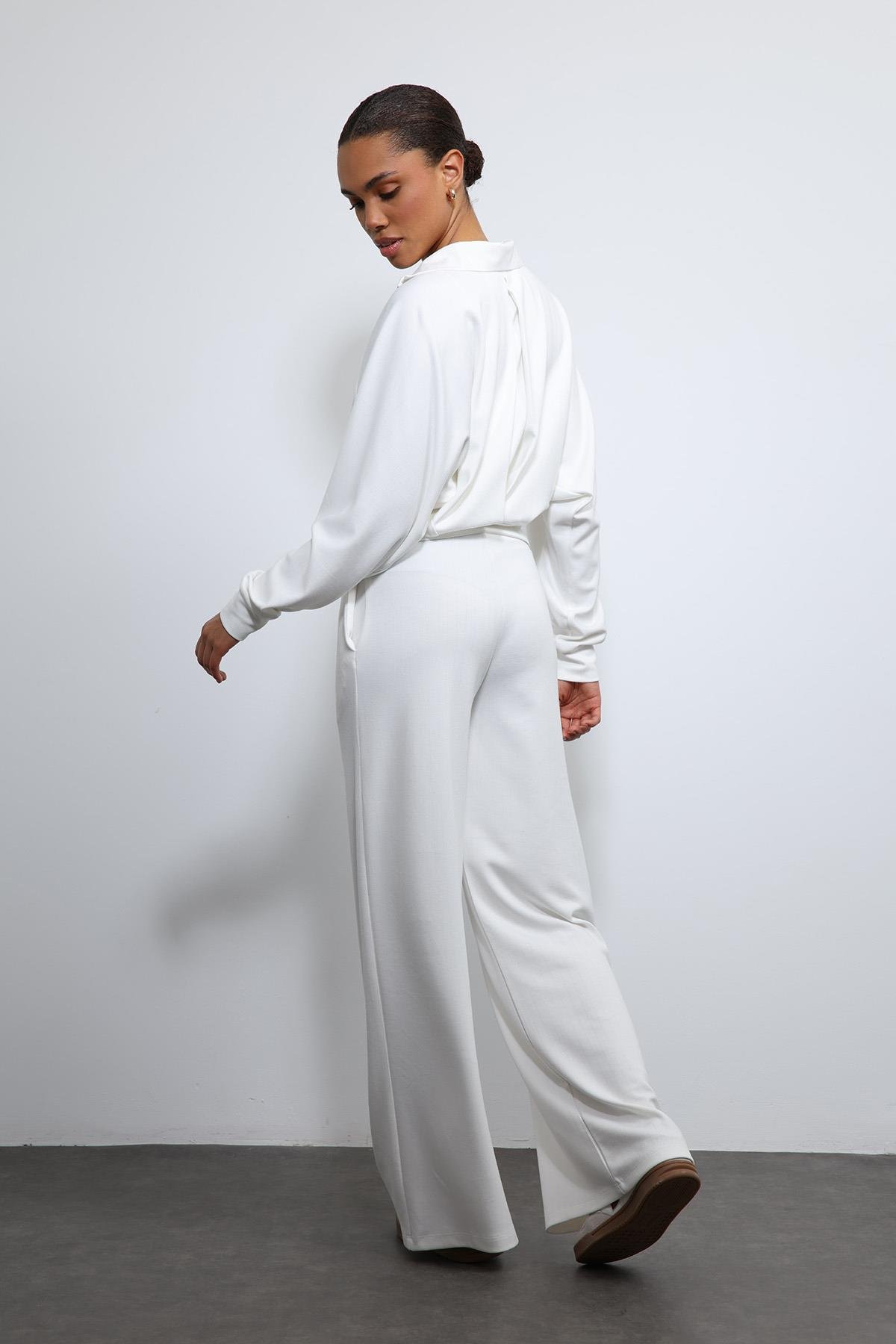 Antioch Ekru Geniş Paça Çizgili Eşofman Takım