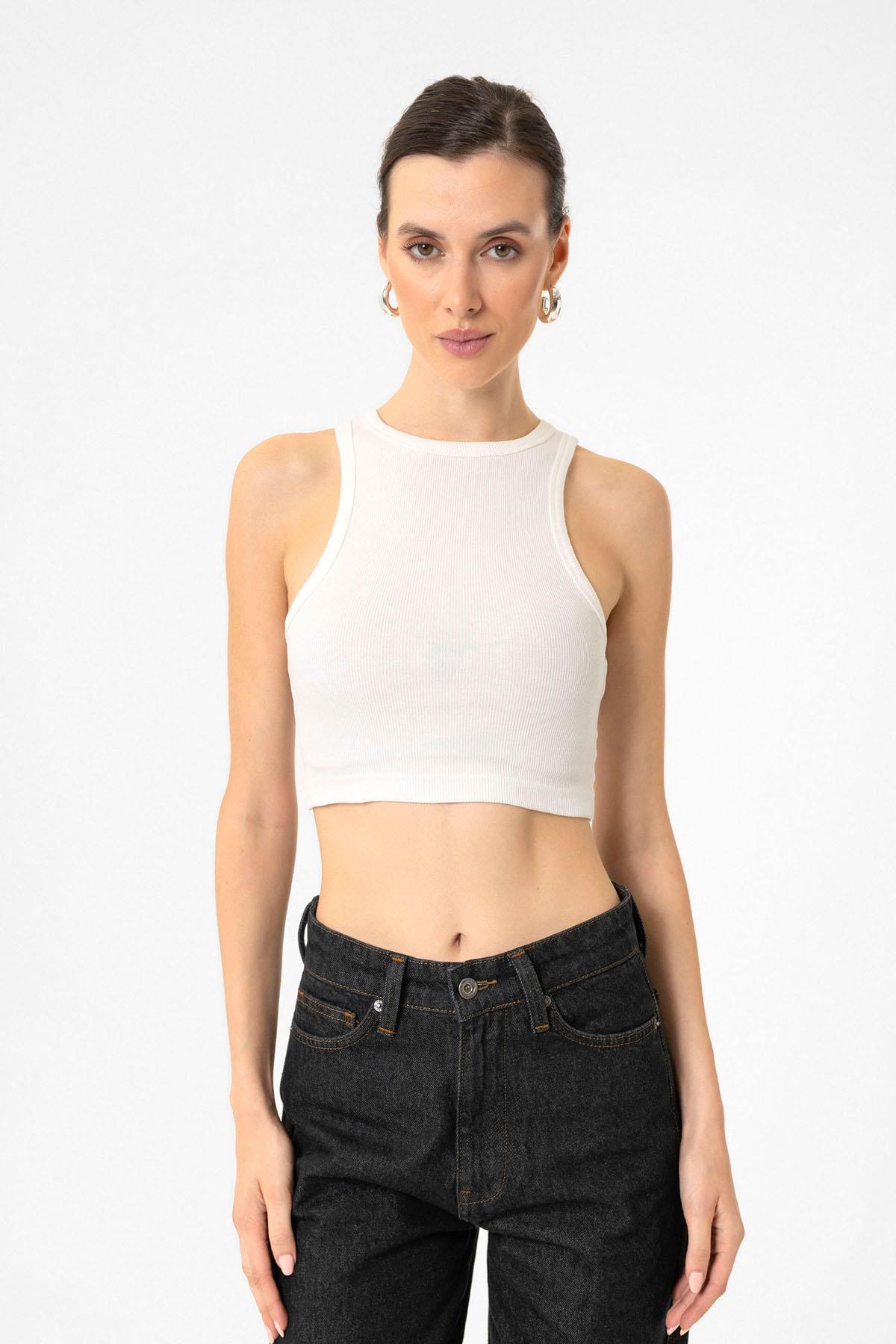 Antioch Ekru Kadın Fitilli Crop Atlet