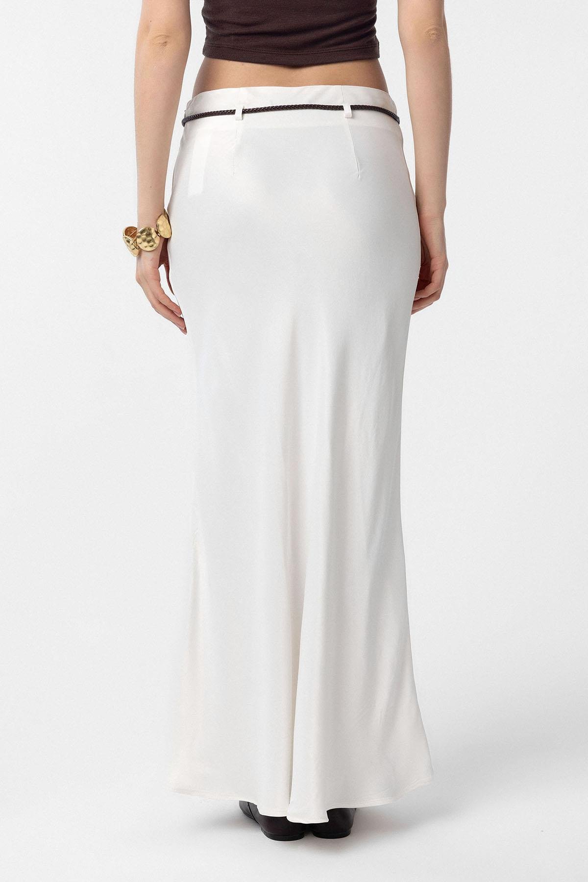 Antioch Ekru Kemerli Saten Uzun Kadın Etek