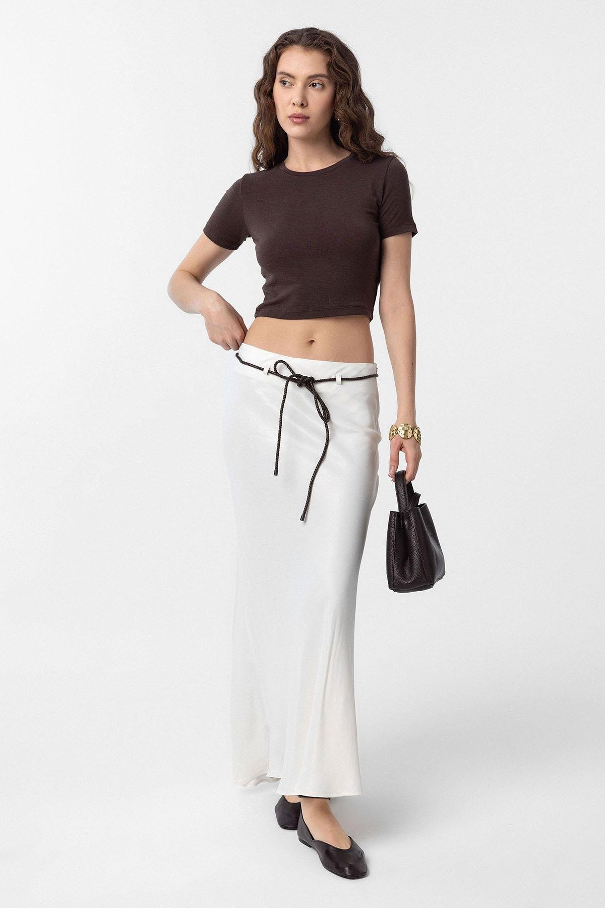 Antioch Ekru Kemerli Saten Uzun Kadın Etek