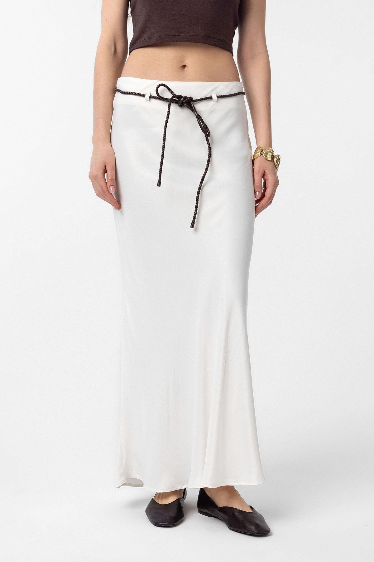 Antioch Ekru Kemerli Saten Uzun Kadın Etek