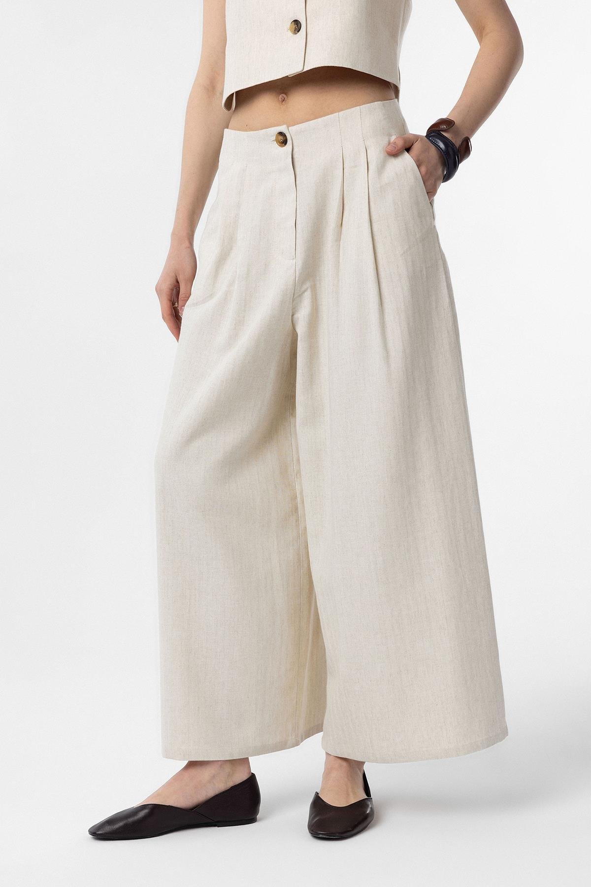 Antioch Ekru Keten Karışımlı Kadın Culotte Pantolon