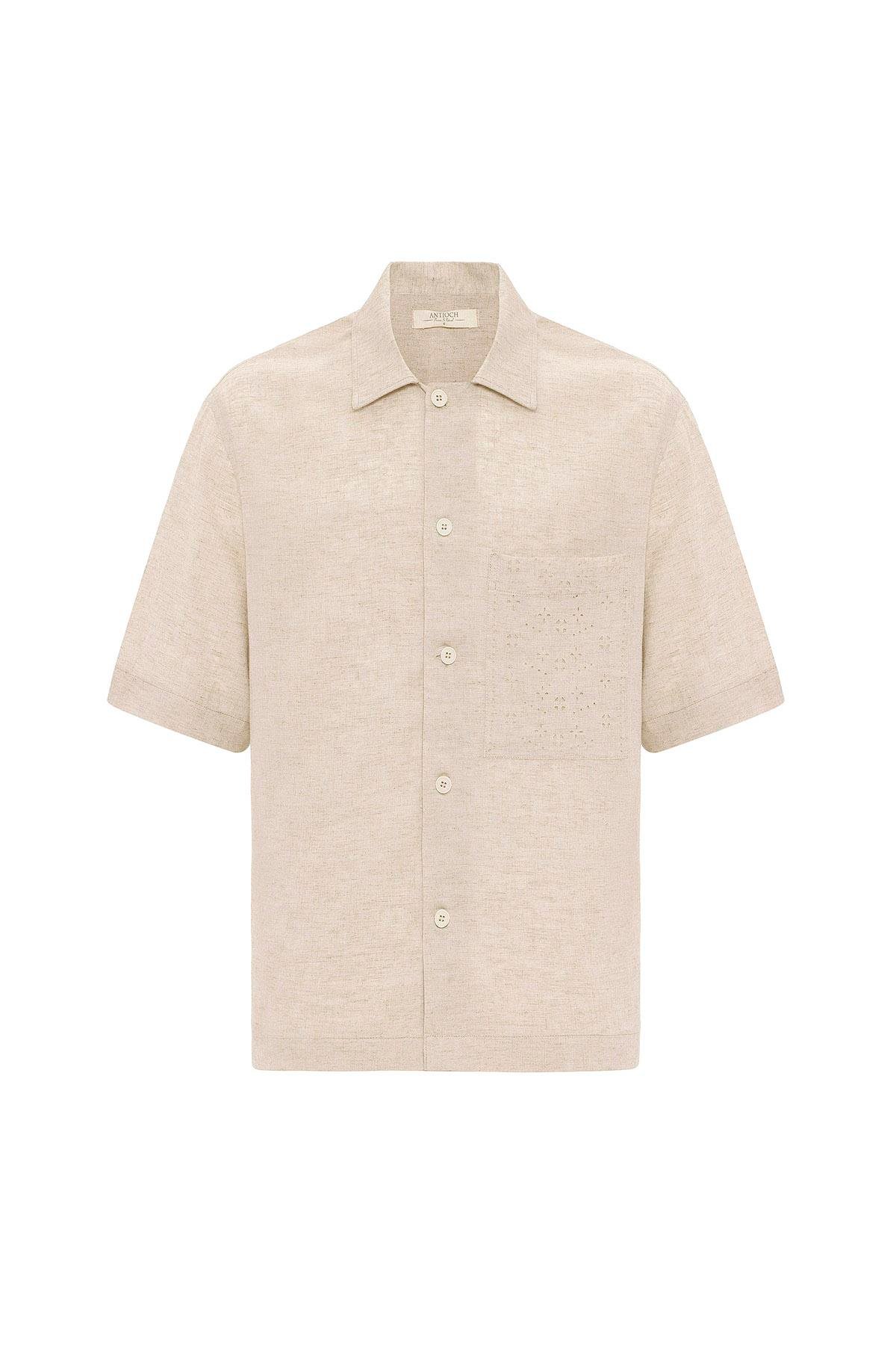 Antioch Ekru Keten Karışımlı Kısa Kollu Erkek Gömlek