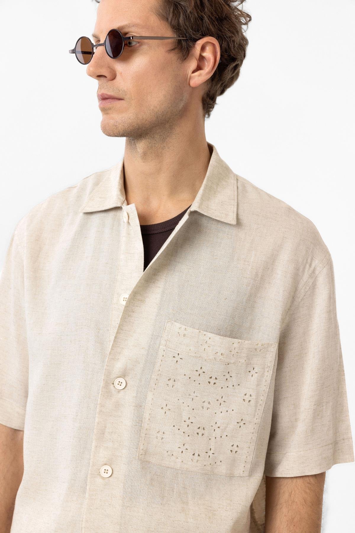 Antioch Ekru Keten Karışımlı Kısa Kollu Erkek Gömlek