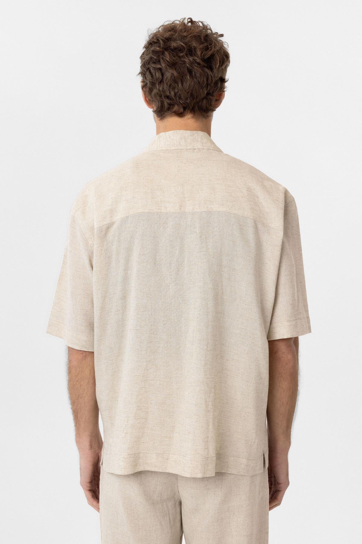 Antioch Ekru Keten Karışımlı Kısa Kollu Erkek Gömlek