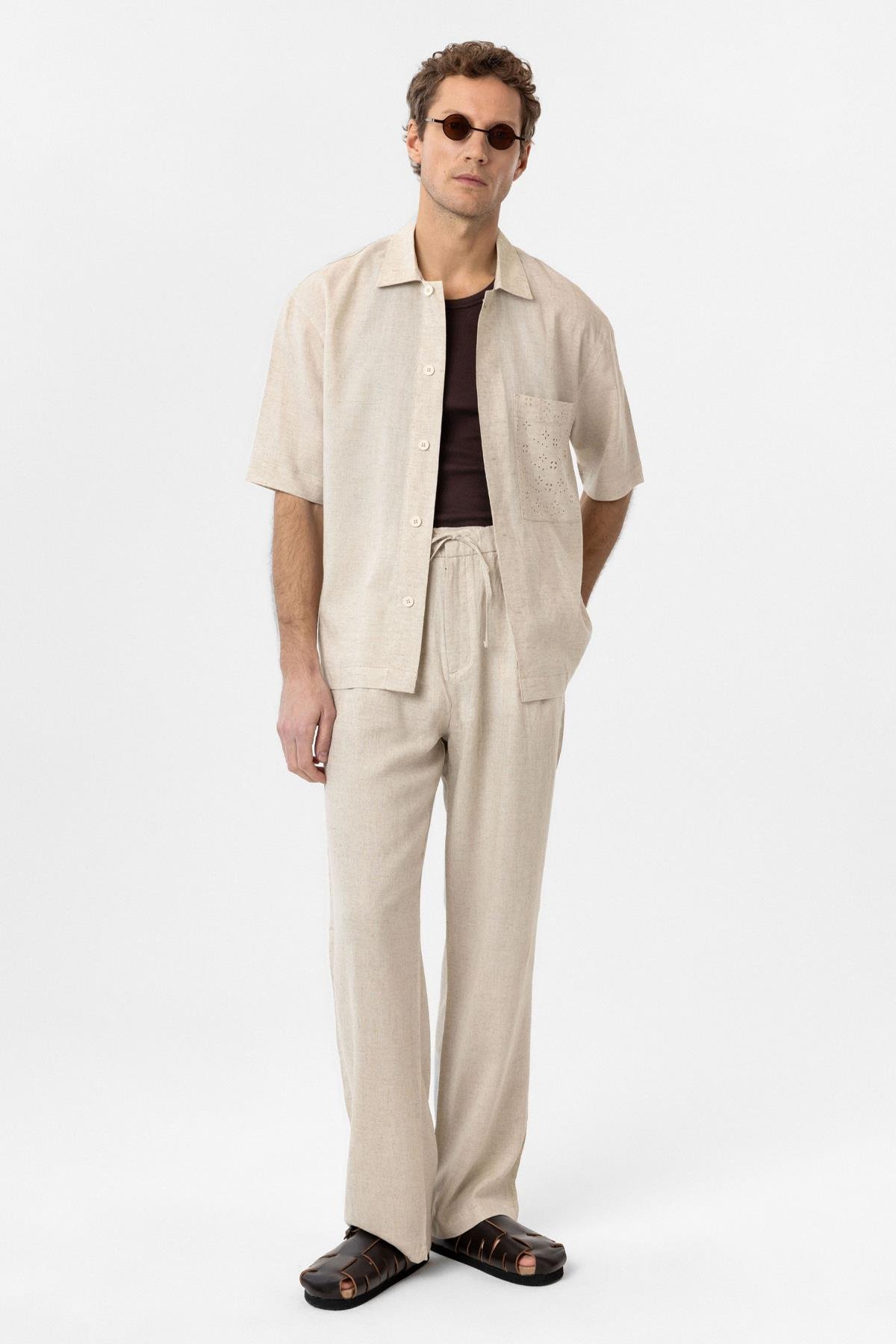 Antioch Ekru Keten Karışımlı Kısa Kollu Erkek Gömlek