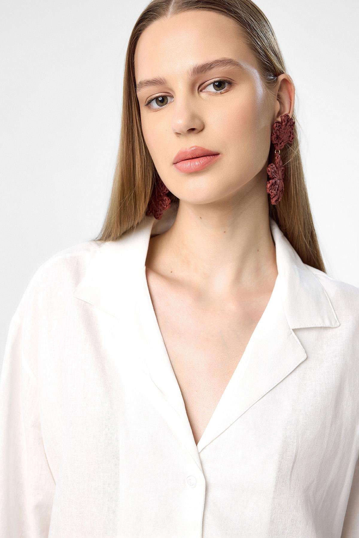 Antioch Ekru Keten Karışımlı Şort-Gömlek Kadın Takım