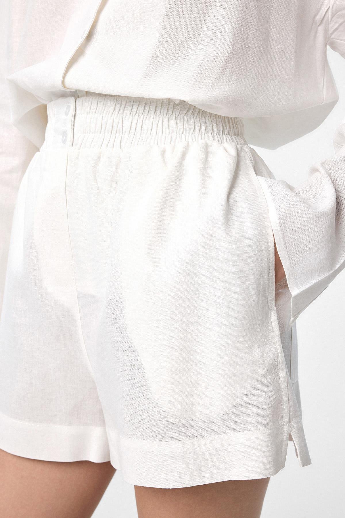 Antioch Ekru Keten Karışımlı Şort-Gömlek Kadın Takım