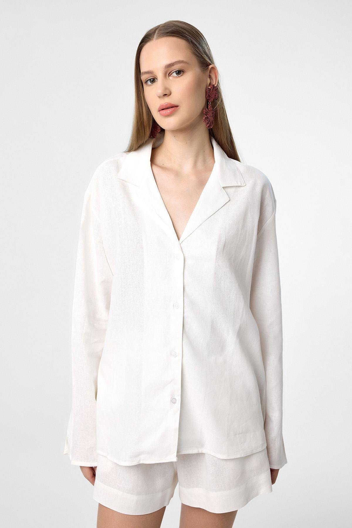 Antioch Ekru Keten Karışımlı Şort-Gömlek Kadın Takım