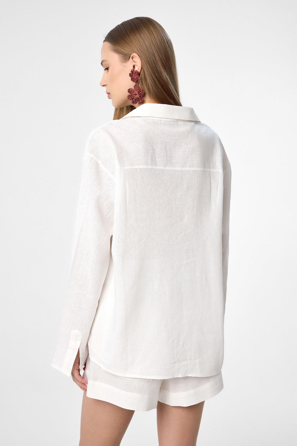 Antioch Ekru Keten Karışımlı Şort-Gömlek Kadın Takım