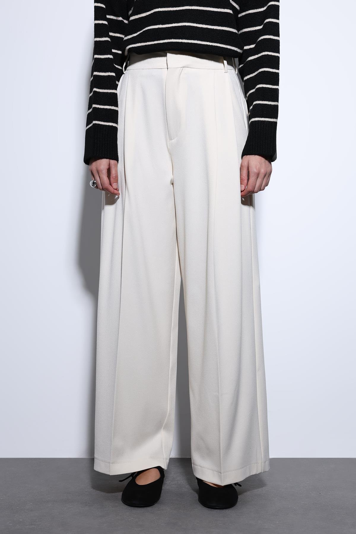 Antioch Ekru Pileli Palazzo Kadın Pantolon