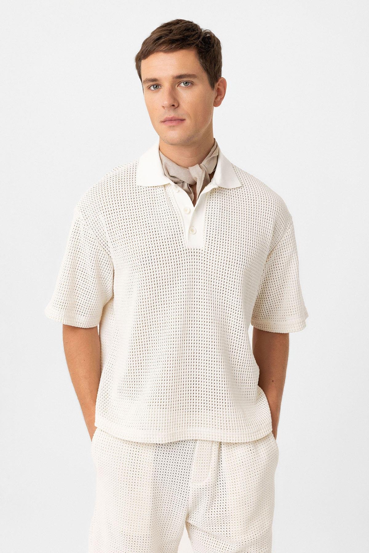 Antioch Ekru Polo Yaka Dokulu Relaxed Erkek T-Shirt