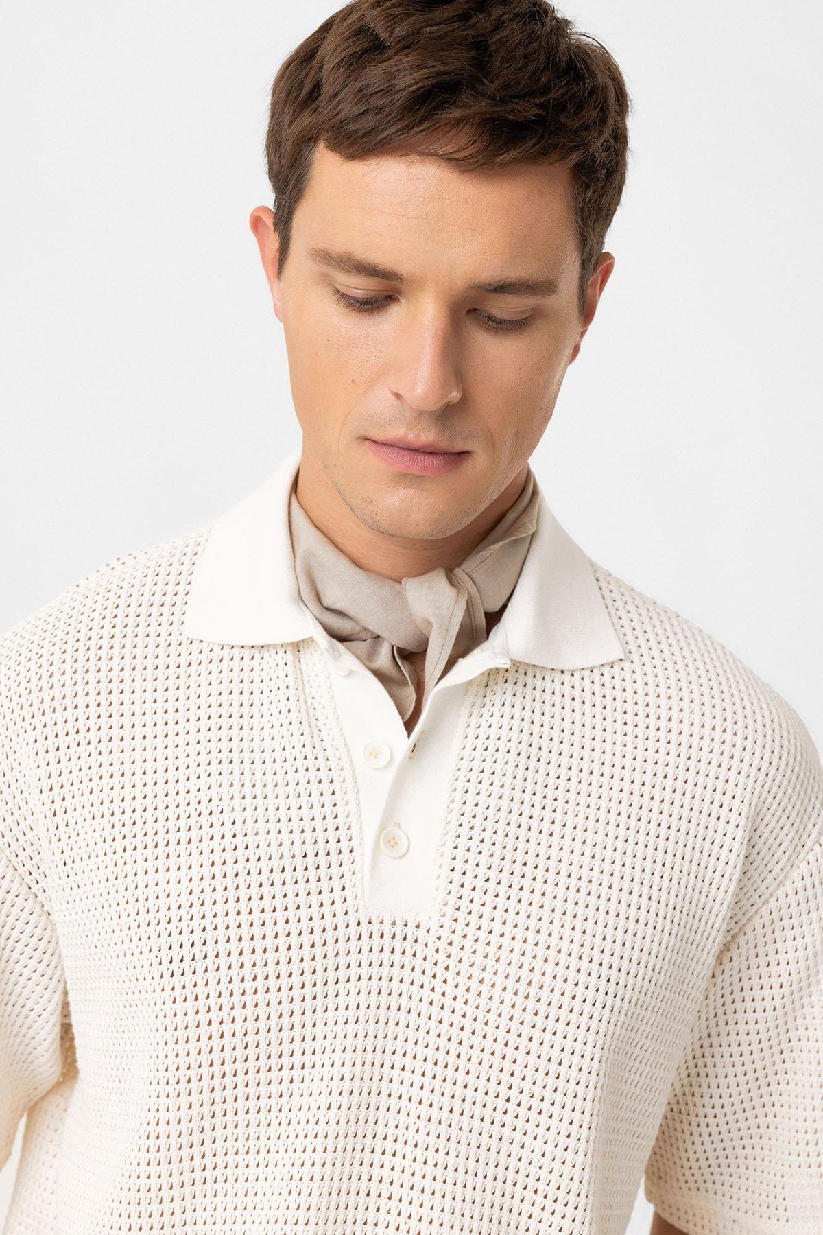 Antioch Ekru Polo Yaka Dokulu Relaxed Erkek T-Shirt