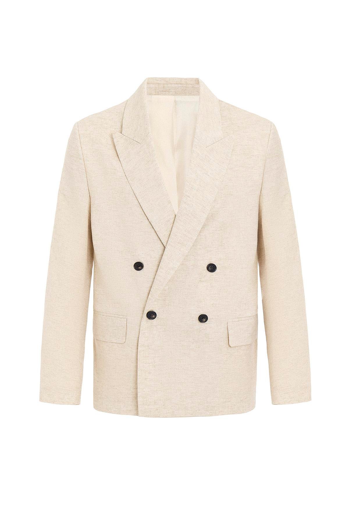 Antioch Ekru Relax Fit Keten Karışımlı Erkek Blazer Ceket