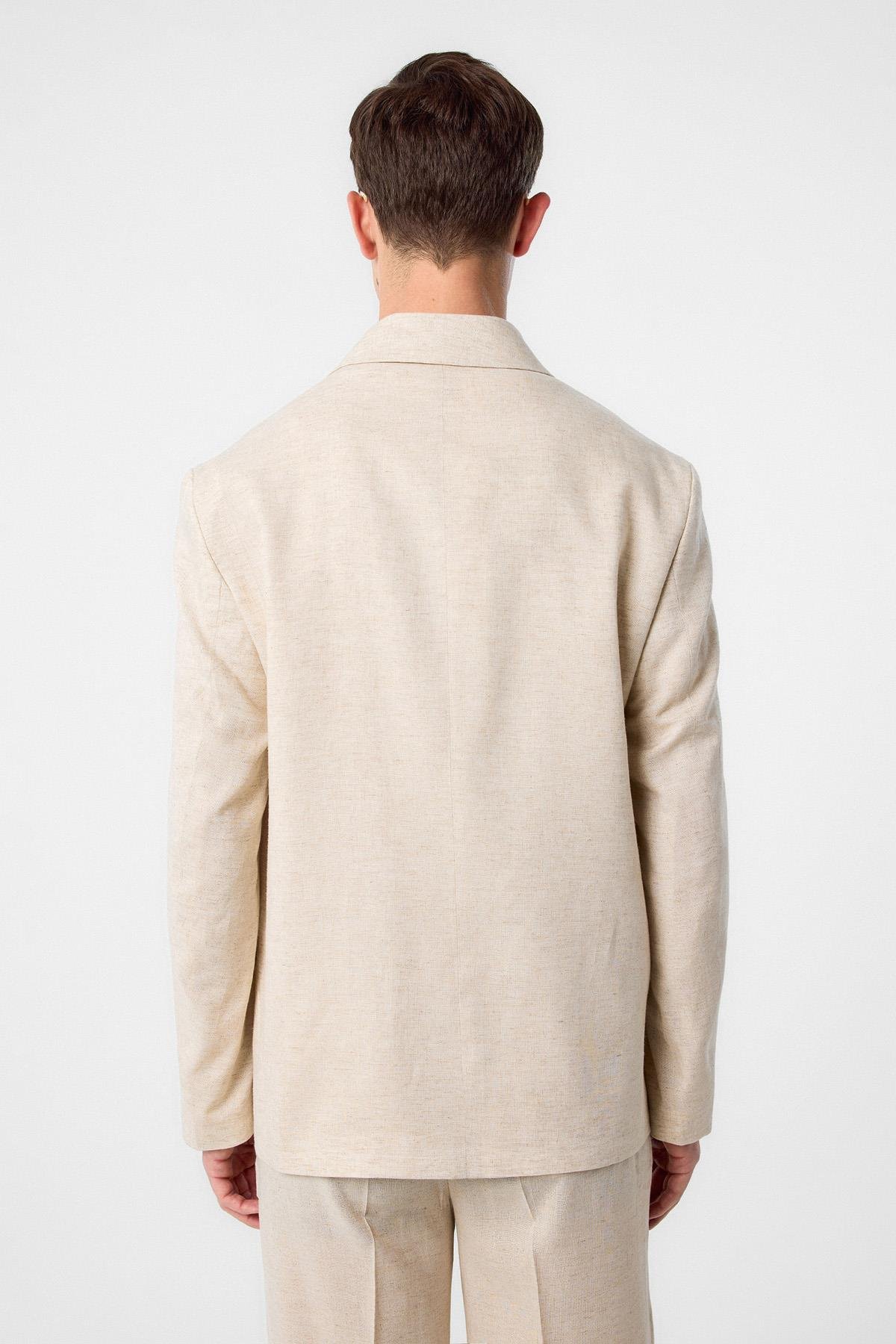 Antioch Ekru Relax Fit Keten Karışımlı Erkek Blazer Ceket