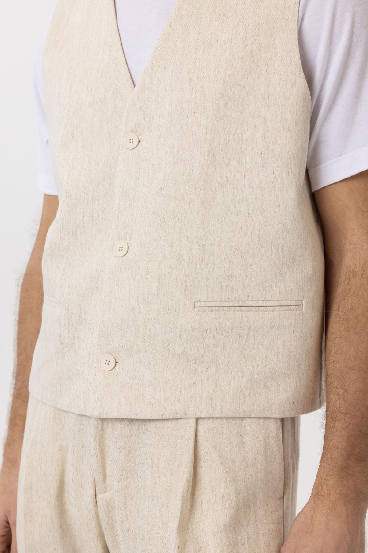 Antioch Ekru Relax Fit Keten Karışımlı Erkek Yelek