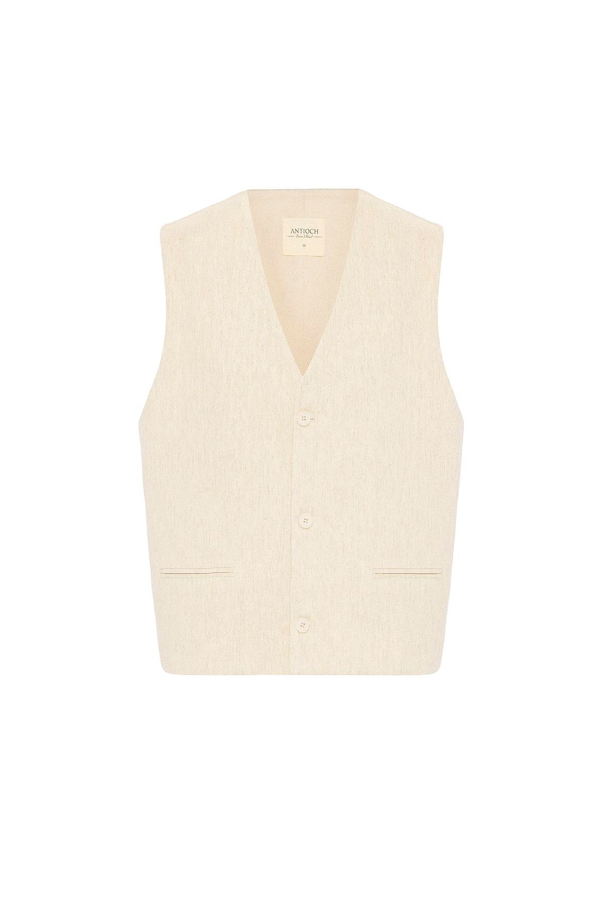 Antioch Ekru Relax Fit Keten Karışımlı Erkek Yelek