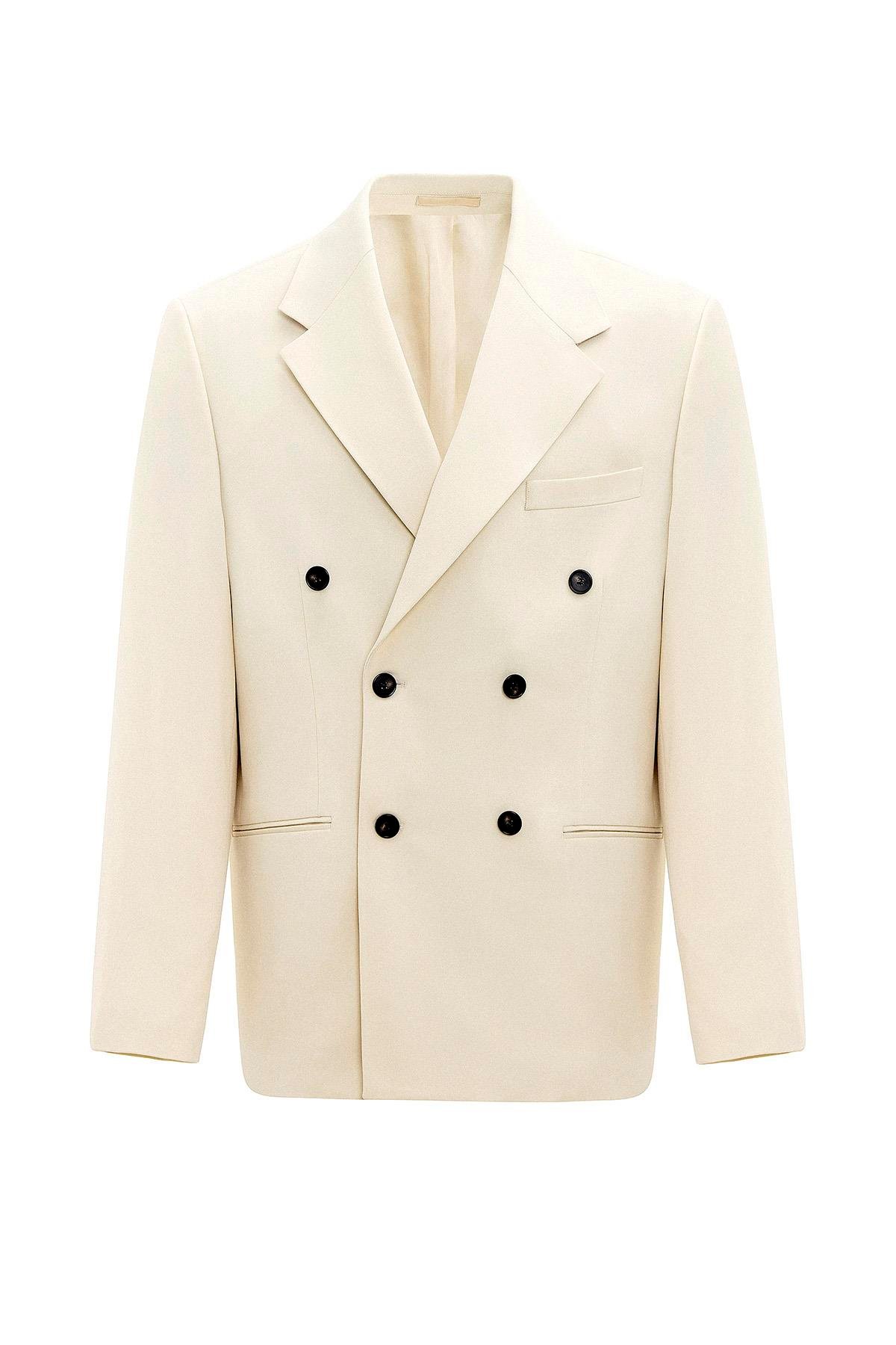 Antioch Ekru Relax Fit Kruvaze Erkek Blazer Ceket