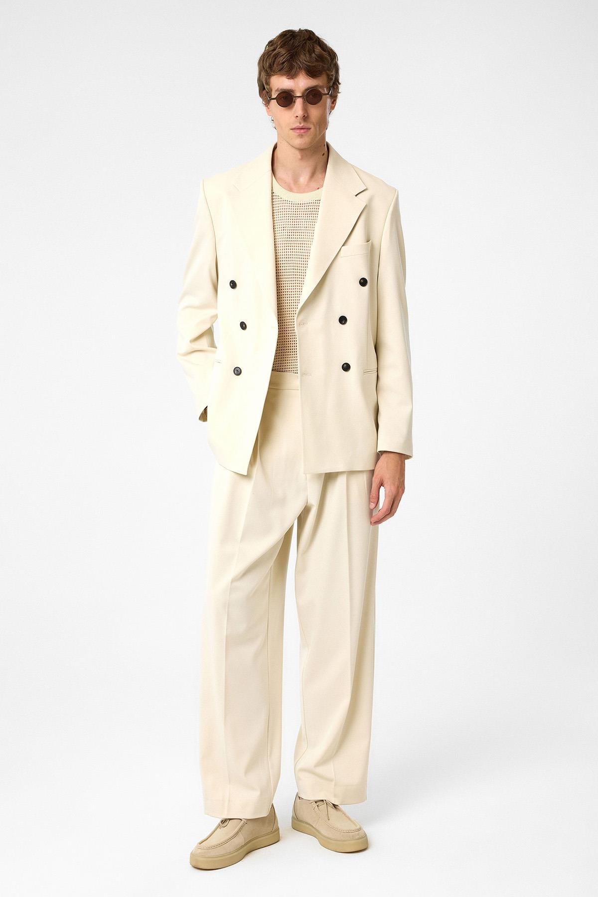 Antioch Ekru Relax Fit Kruvaze Erkek Blazer Ceket