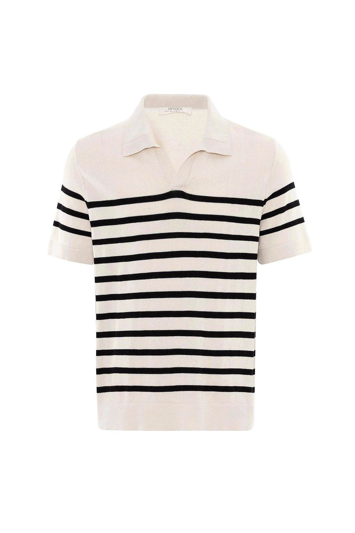 Antioch Ekru-Siyah Polo Yaka Çizgili Erkek Triko T-Shirt