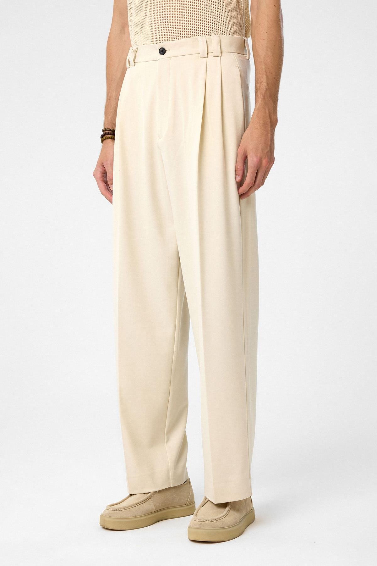 Antioch Ekru Yüksel Bel Relax Fit Pileli Erkek Pantolon