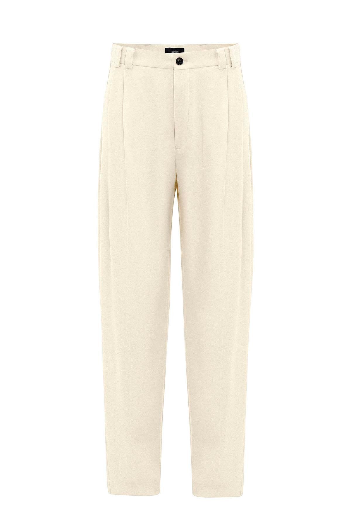 Antioch Ekru Yüksel Bel Relax Fit Pileli Erkek Pantolon