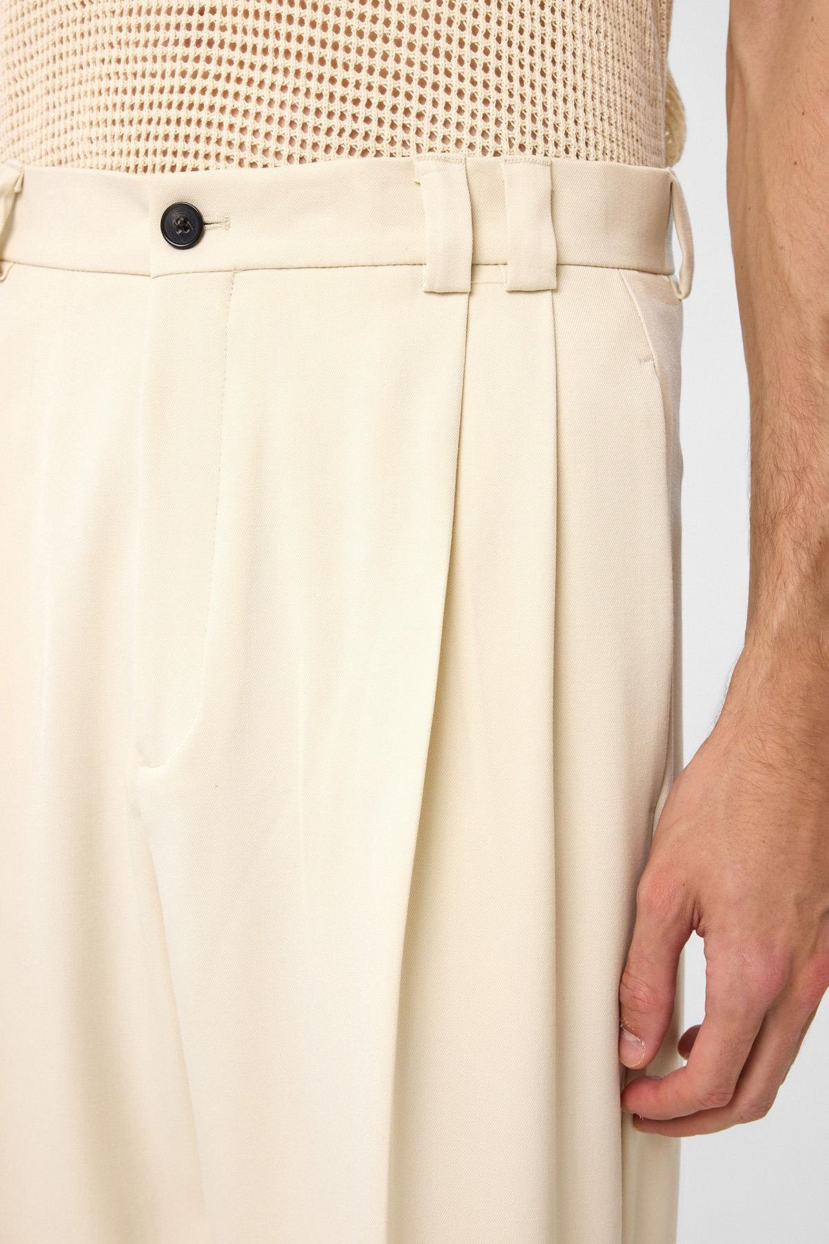 Antioch Ekru Yüksel Bel Relax Fit Pileli Erkek Pantolon