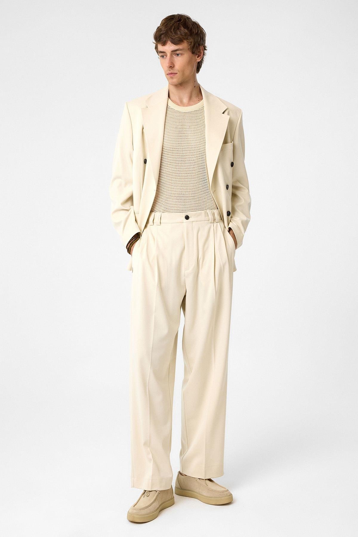 Antioch Ekru Yüksel Bel Relax Fit Pileli Erkek Pantolon