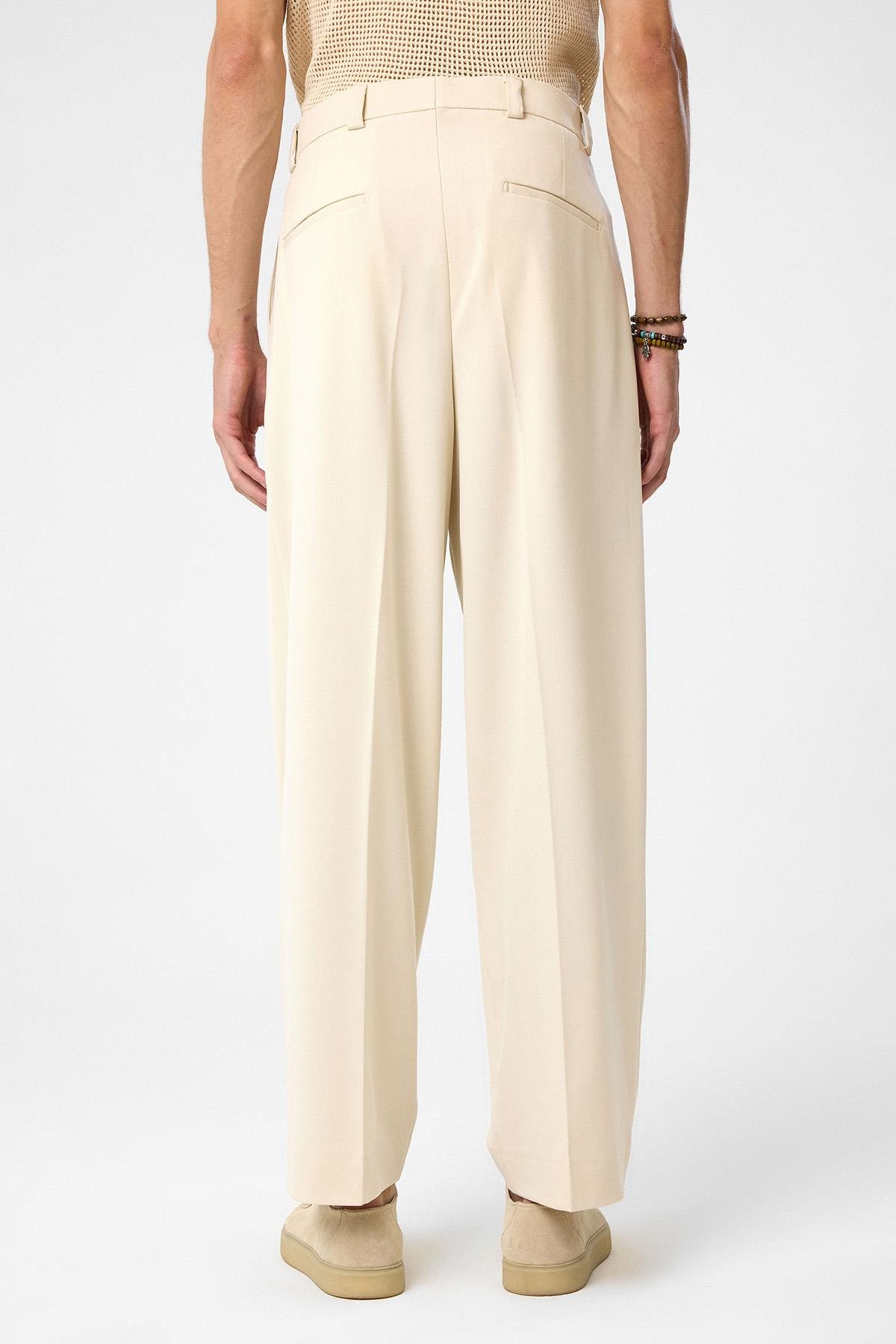 Antioch Ekru Yüksel Bel Relax Fit Pileli Erkek Pantolon