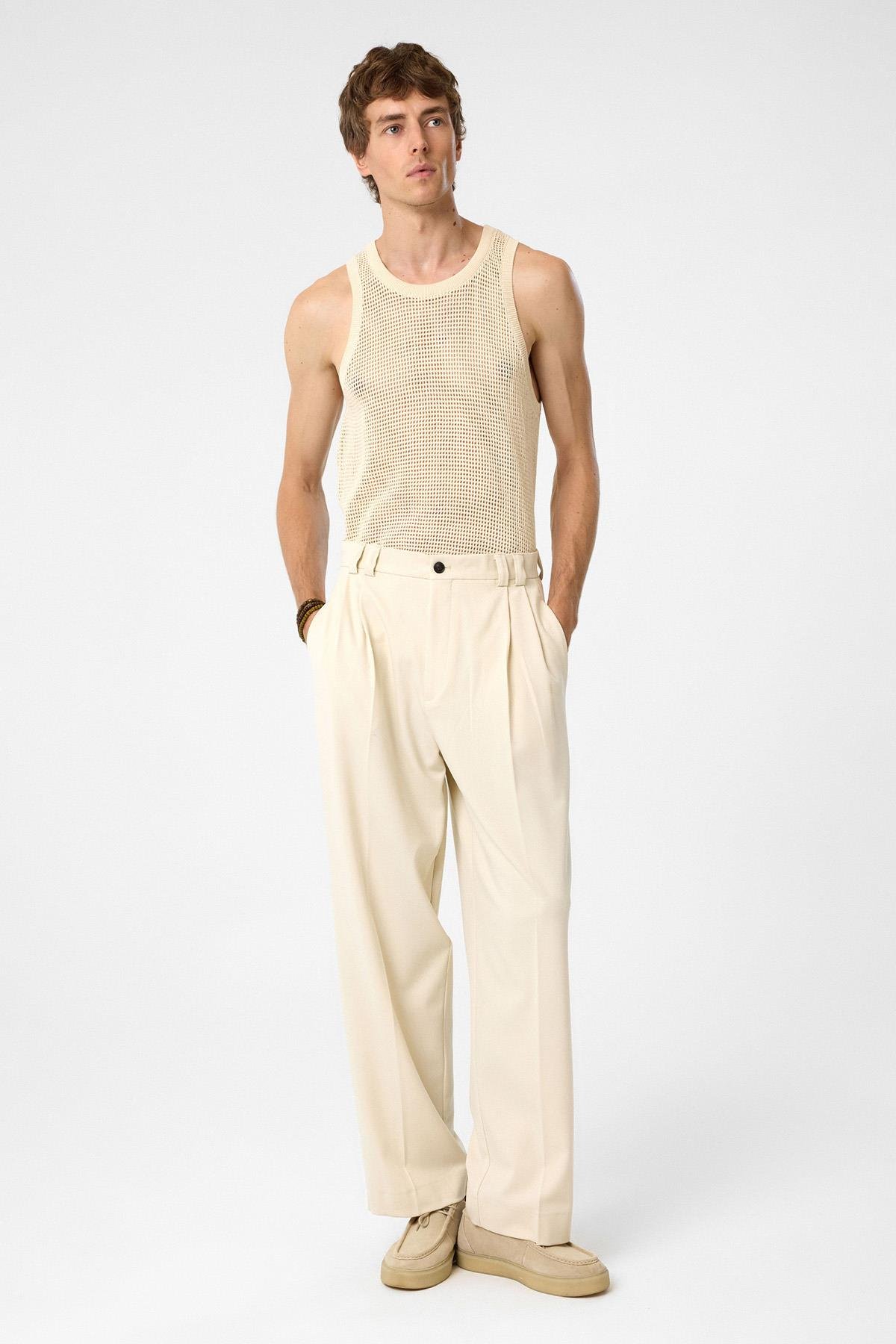 Antioch Ekru Yüksel Bel Relax Fit Pileli Erkek Pantolon