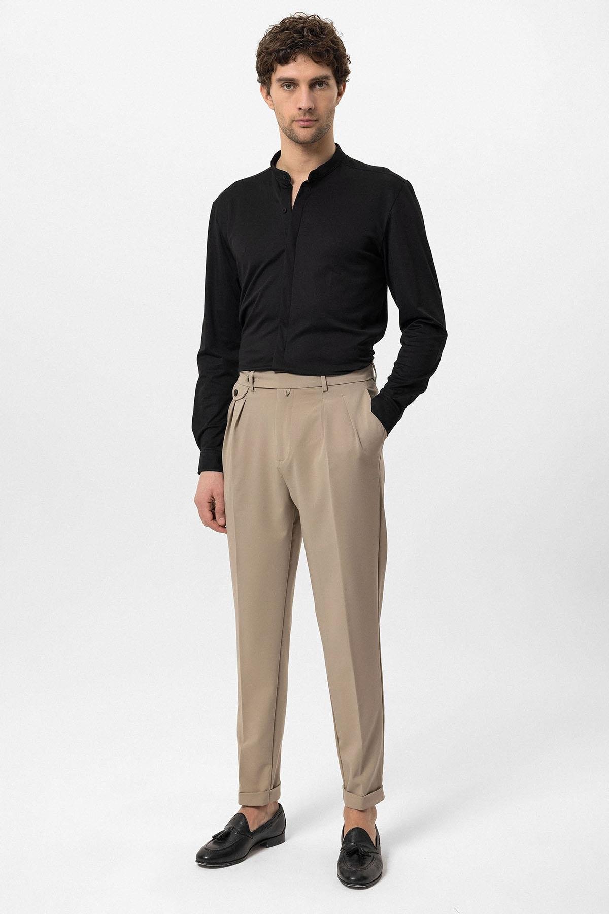 Antioch Siyah Erkek Hakim Yaka Gizli Düğme Uzun Kollu Slim Fit Gömlek