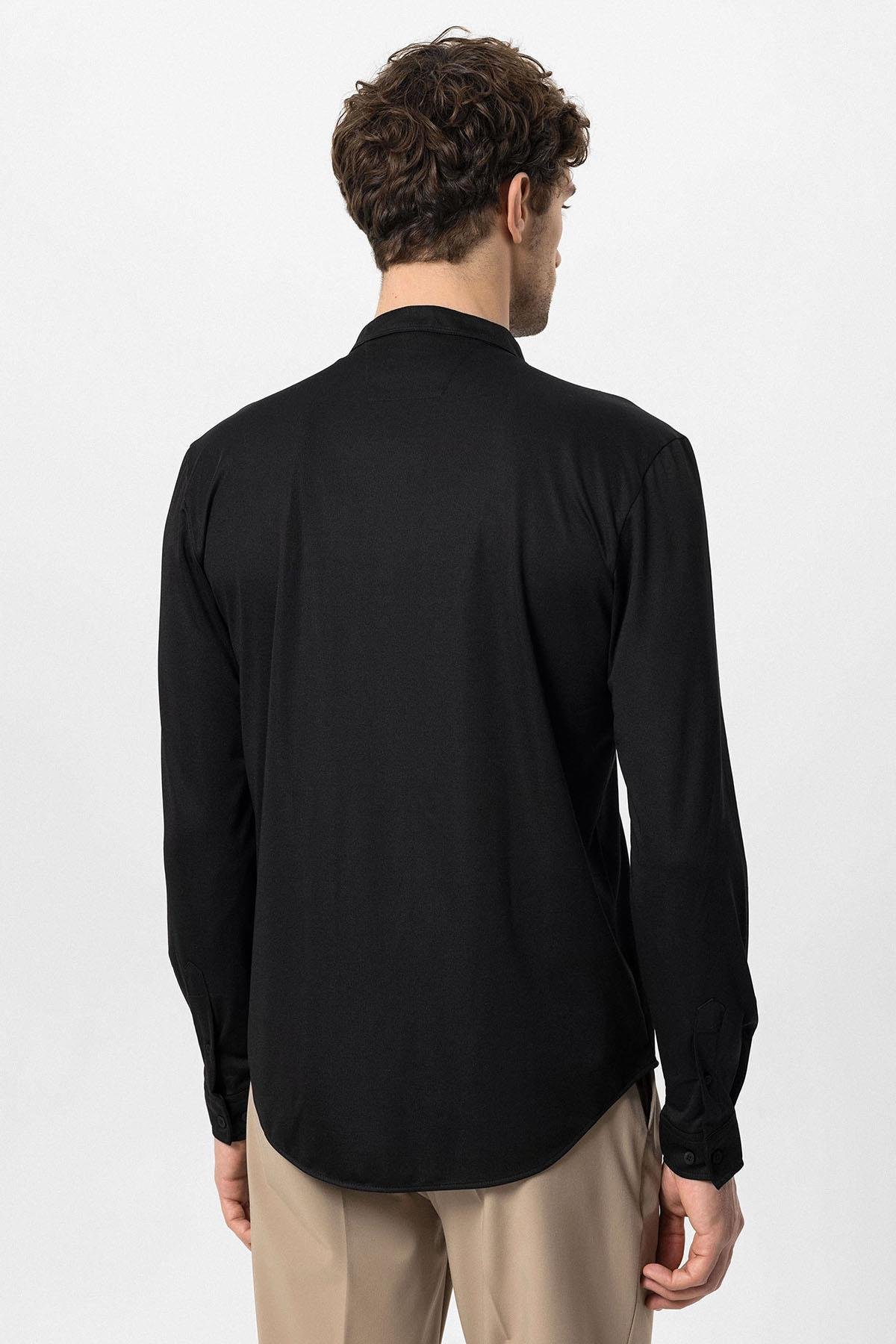 Antioch Siyah Erkek Hakim Yaka Gizli Düğme Uzun Kollu Slim Fit Gömlek