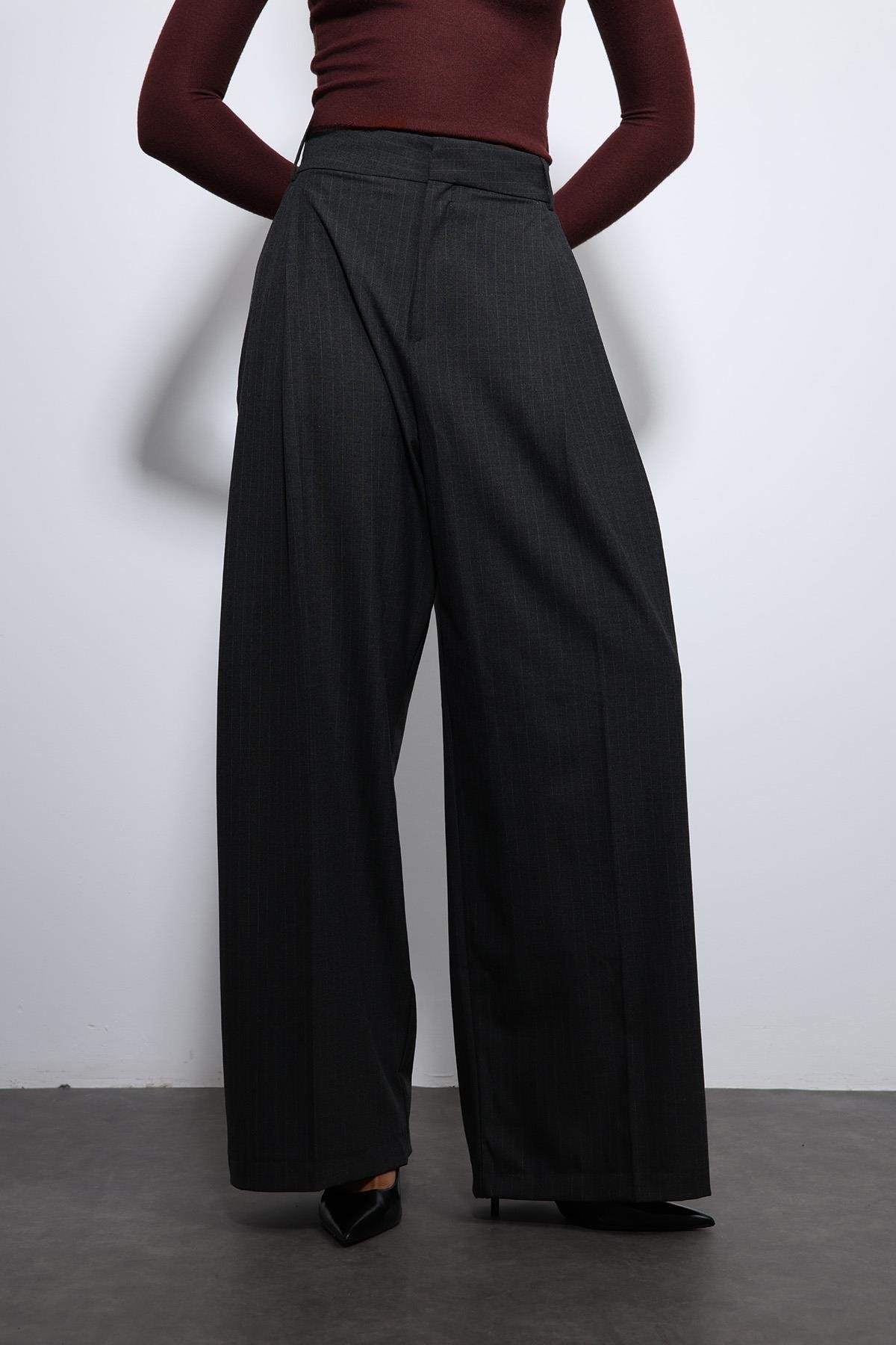 Antioch Füme Çizgili Geniş Paça Pantolon