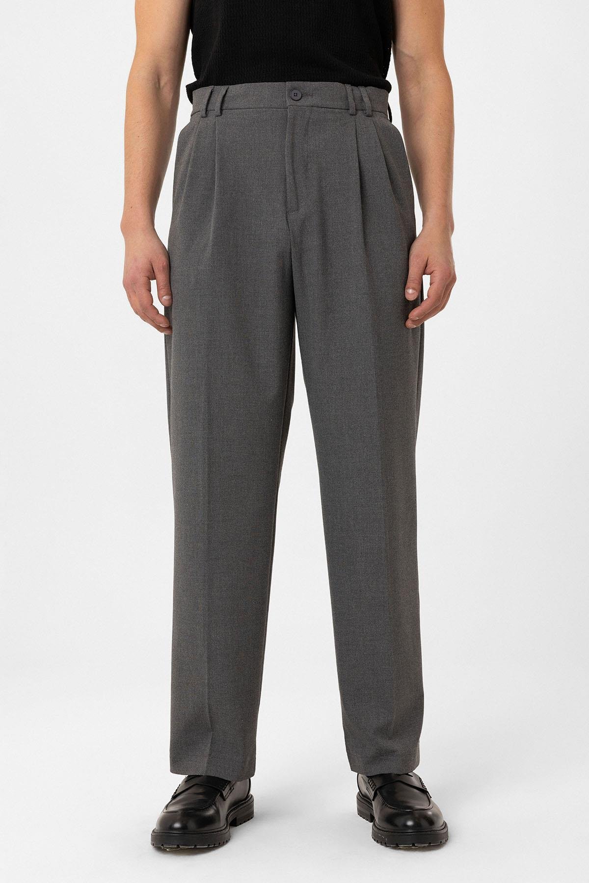 Antioch Gri Çift Pileli Baggy Fit Erkek Pantolon