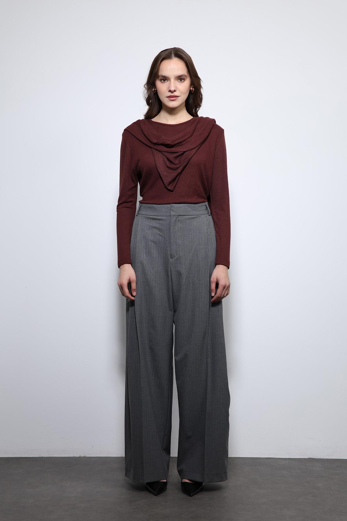 Antioch Gri Çizgili Geniş Paça Pantolon