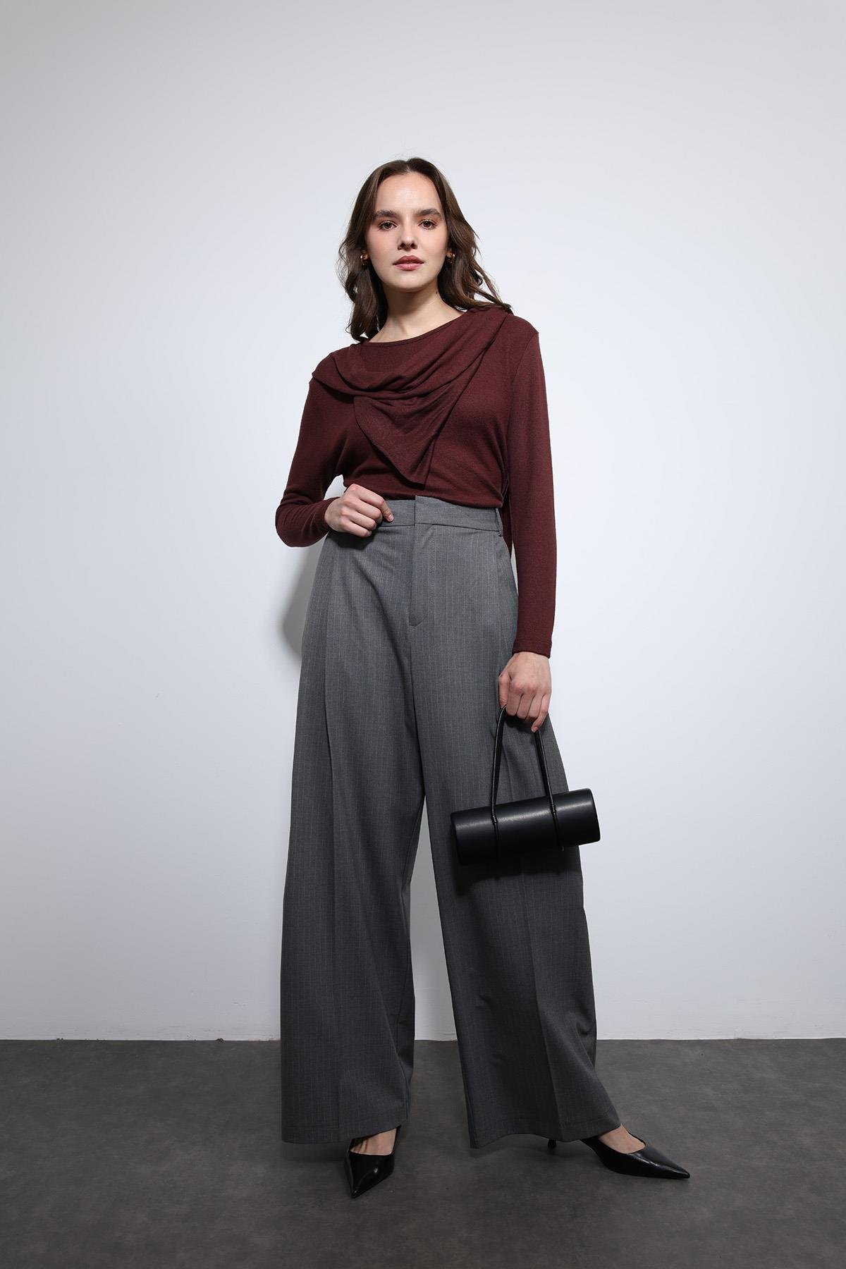 Antioch Gri Çizgili Geniş Paça Pantolon