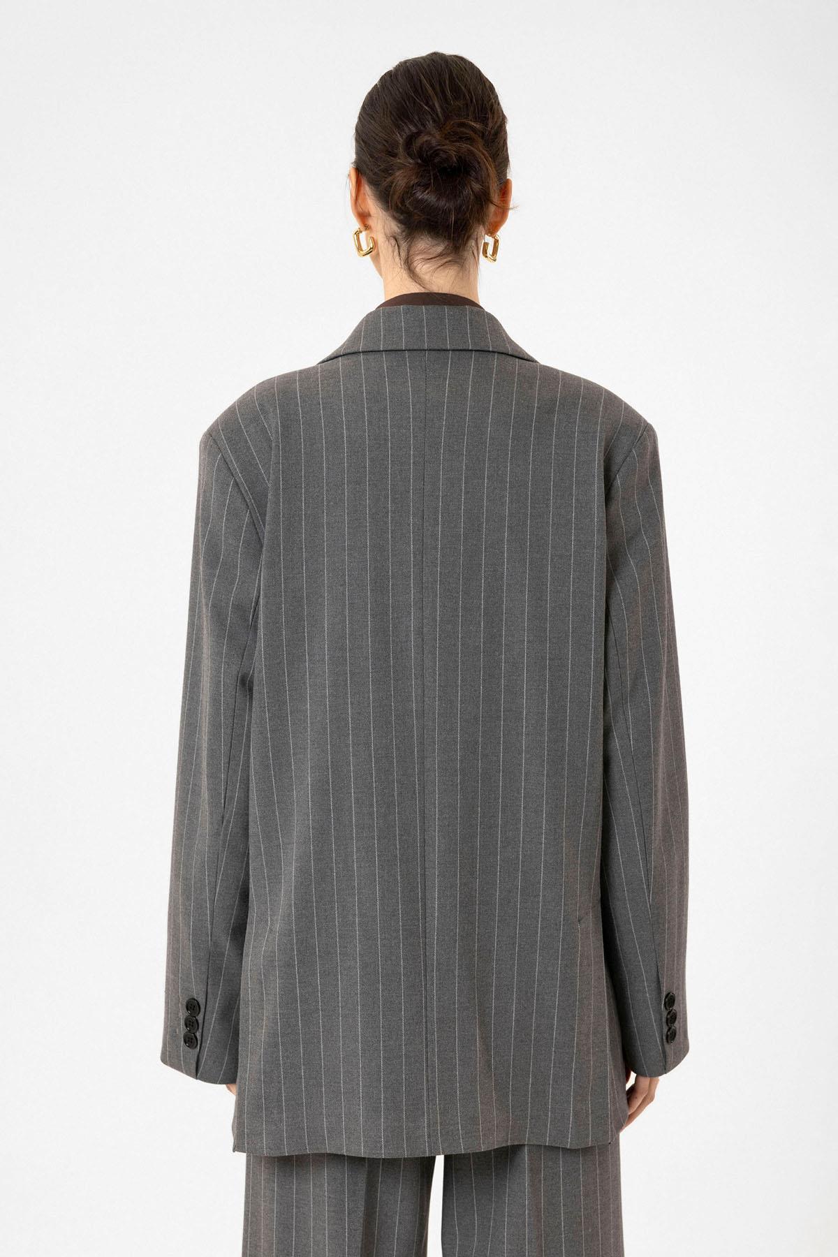 Antioch Gri Kadın Çizgili Oversize Blazer Ceket