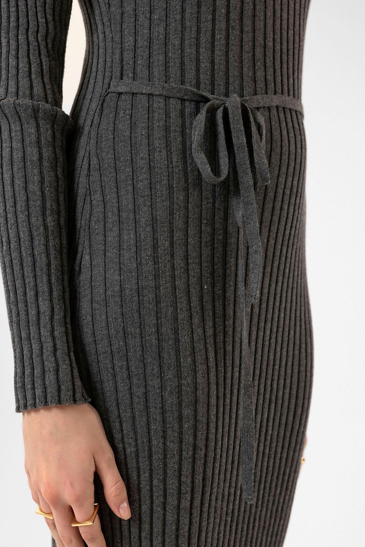 Antioch Gri Kadın Fitilli Midi Triko Elbise