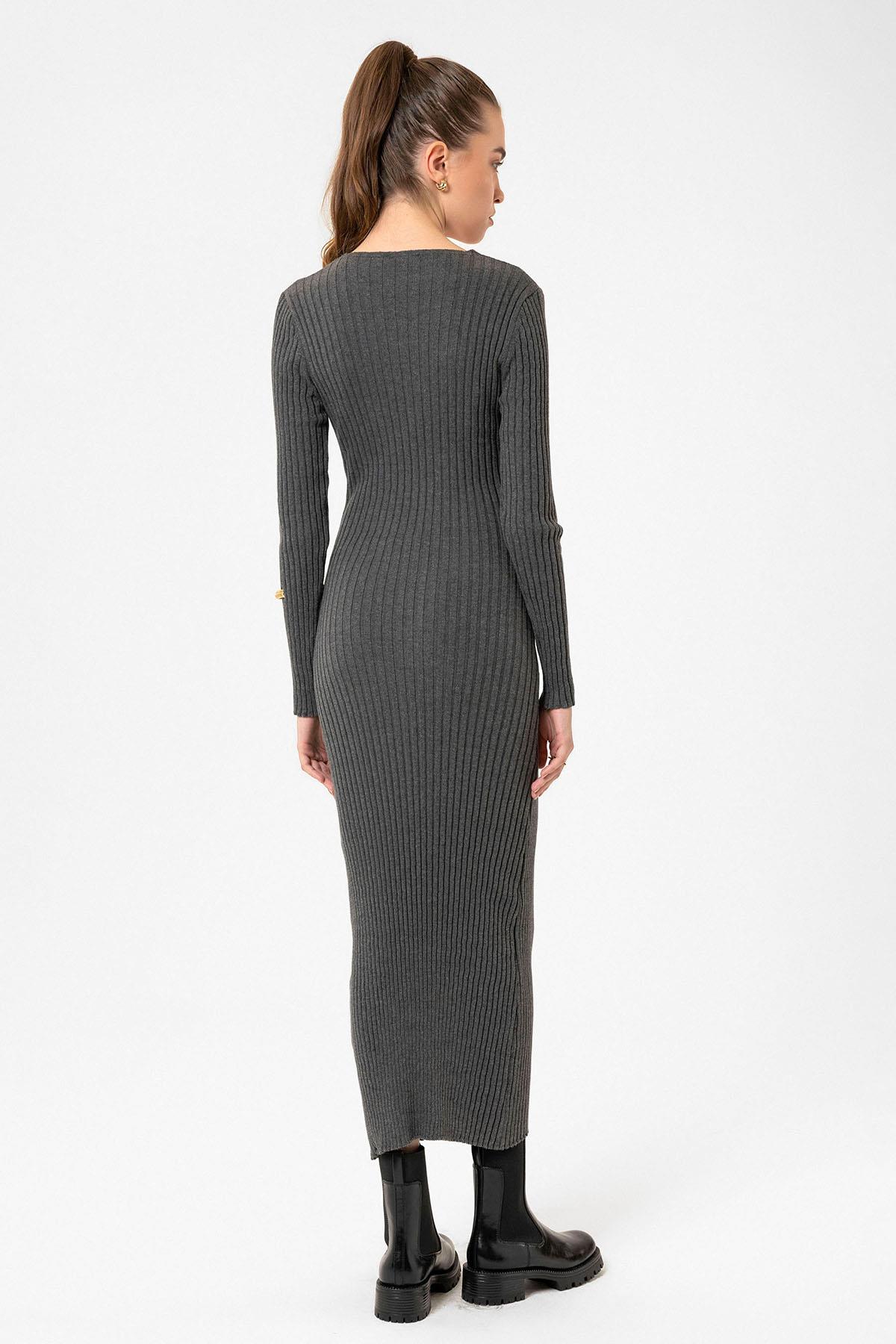 Antioch Gri Kadın Fitilli Midi Triko Elbise