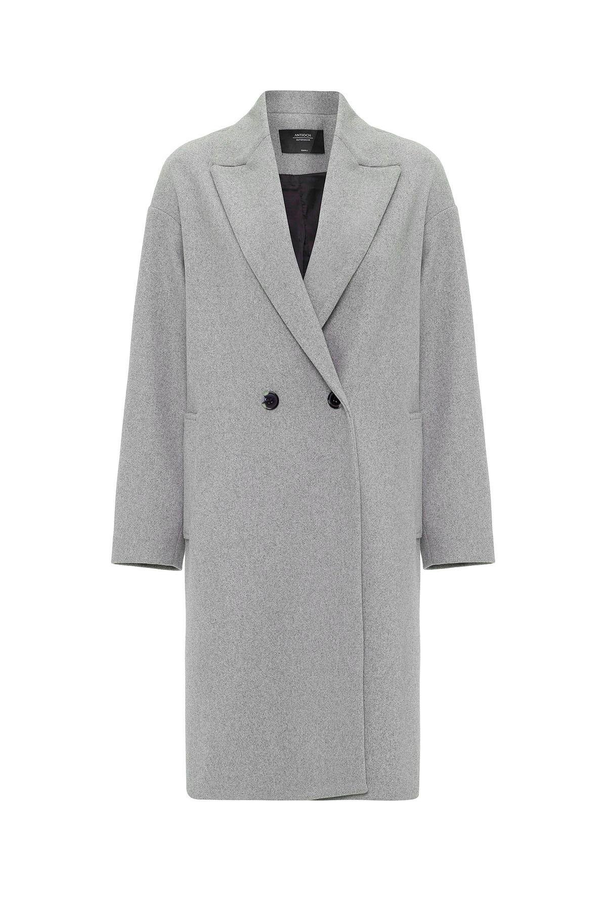 Antioch Gri Kadın Kruvaze Kapama Oversize Kaban