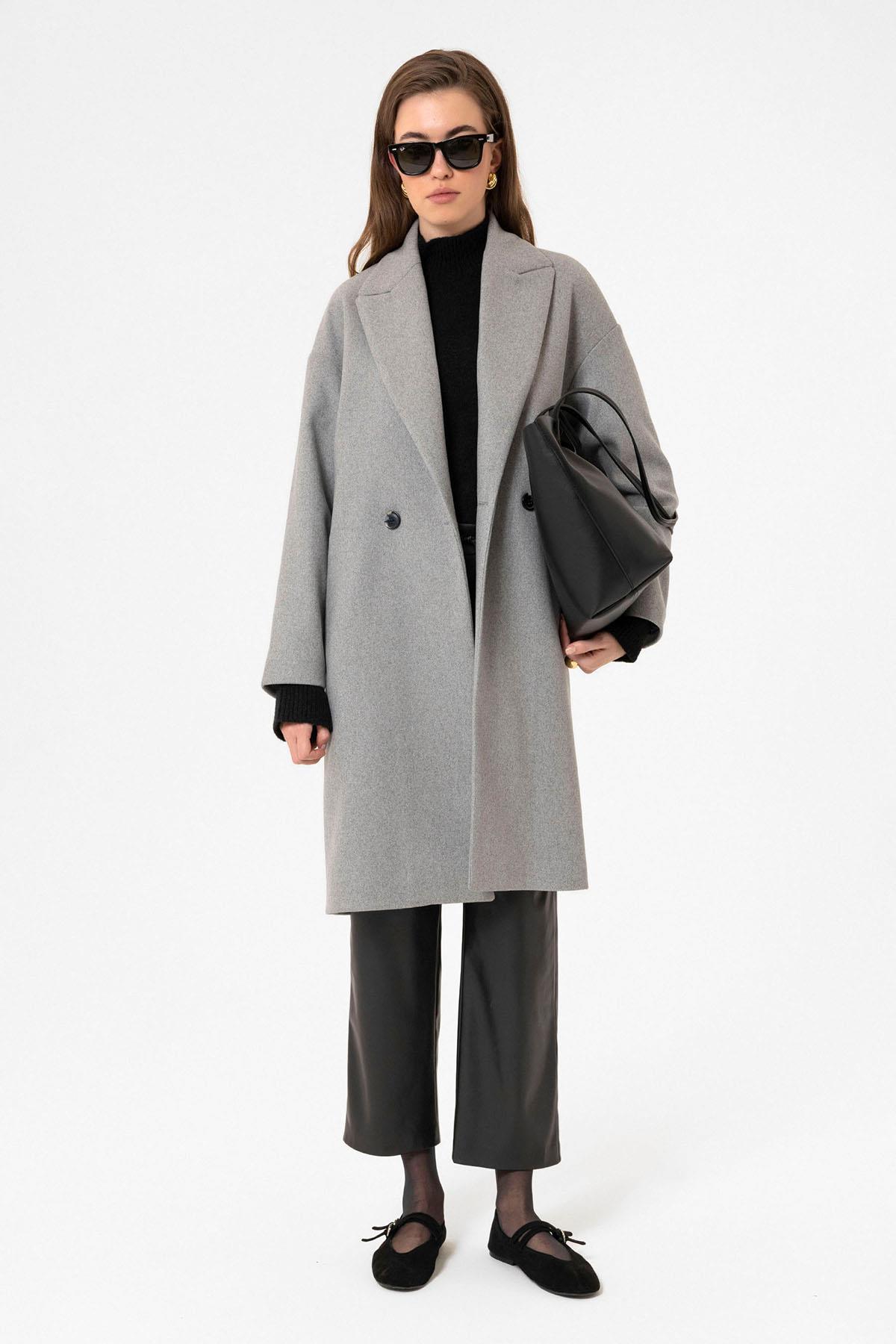 Antioch Gri Kadın Kruvaze Kapama Oversize Kaban