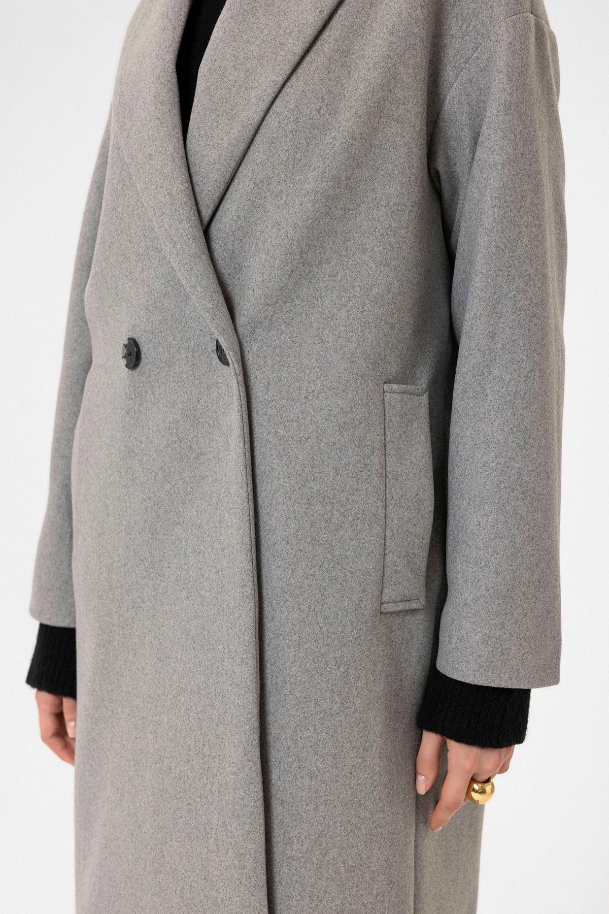 Antioch Gri Kadın Kruvaze Kapama Oversize Kaban