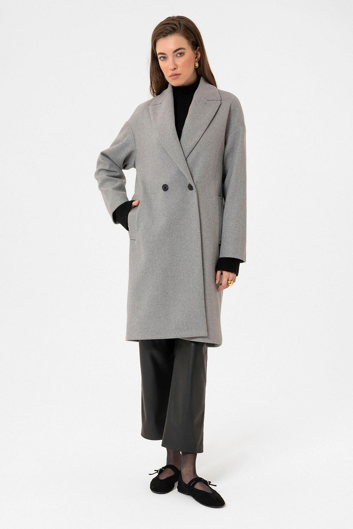 Antioch Gri Kadın Kruvaze Kapama Oversize Kaban