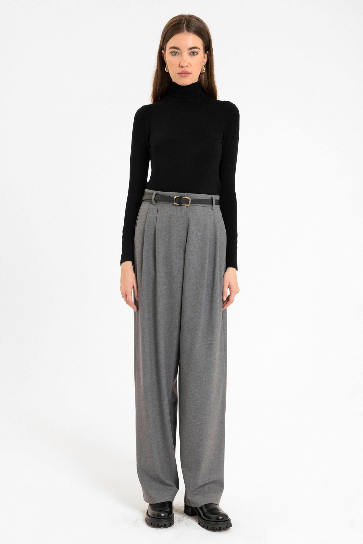 Antioch Gri Kadın Yüksek Bel Pens Detaylı Straight Fit Pantolon